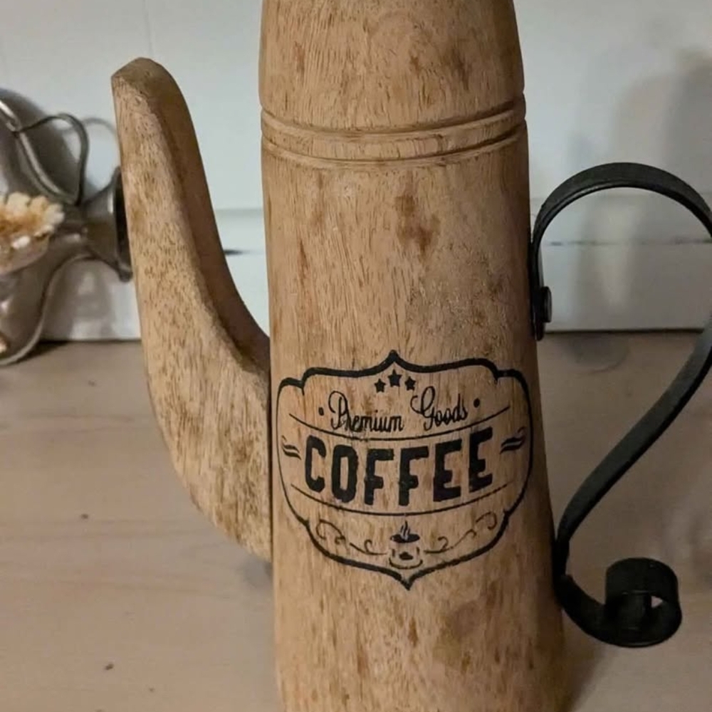 Rustic Wooden Coffee Pot with Black Handle